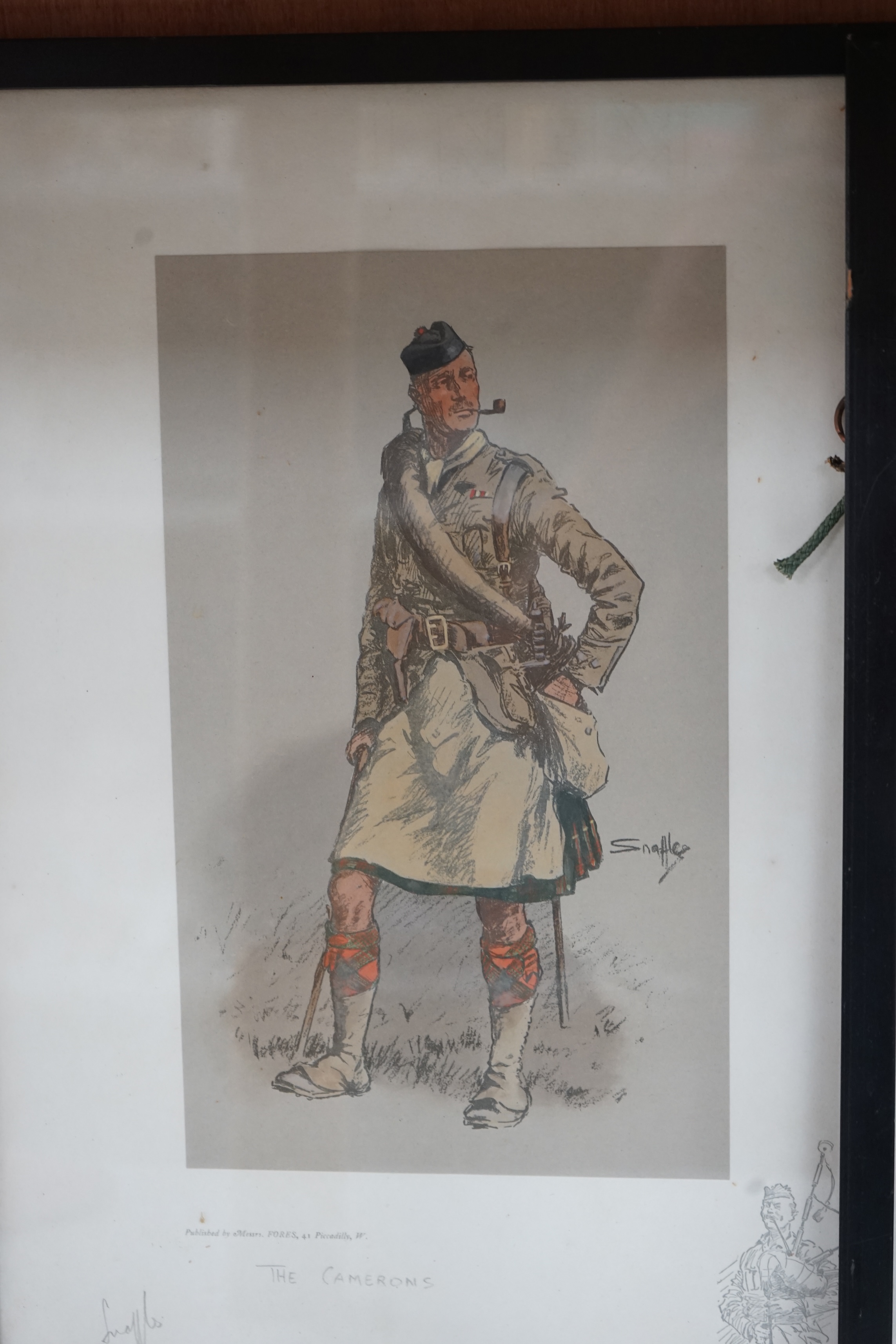 Charles Johnson Payne ‘Snaffles’ (1884-1967), four coloured prints, 'The Cameron’s’, signed in pencil, 'The Camerons, Jock', 'The Gunner' and 'The 92nd [Gordon Highlanders] An impression of Spats and Sporrans', largest 3